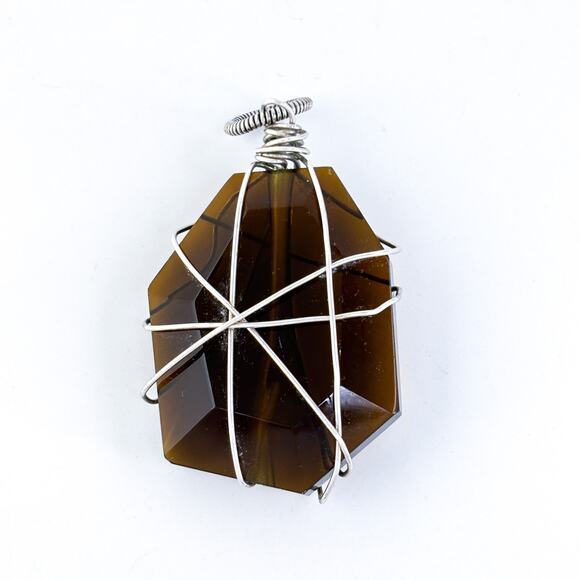 Handcrafted Wire-Wrapped Glass Pendant | Brown Geometric - Picture 4 of 6
